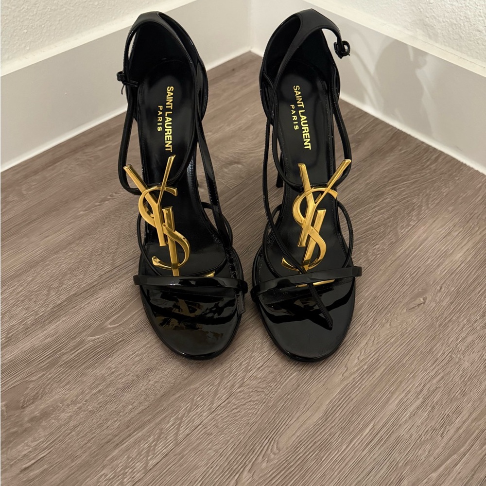 Saint Laurent Glossy Black Heels with Gold Logo